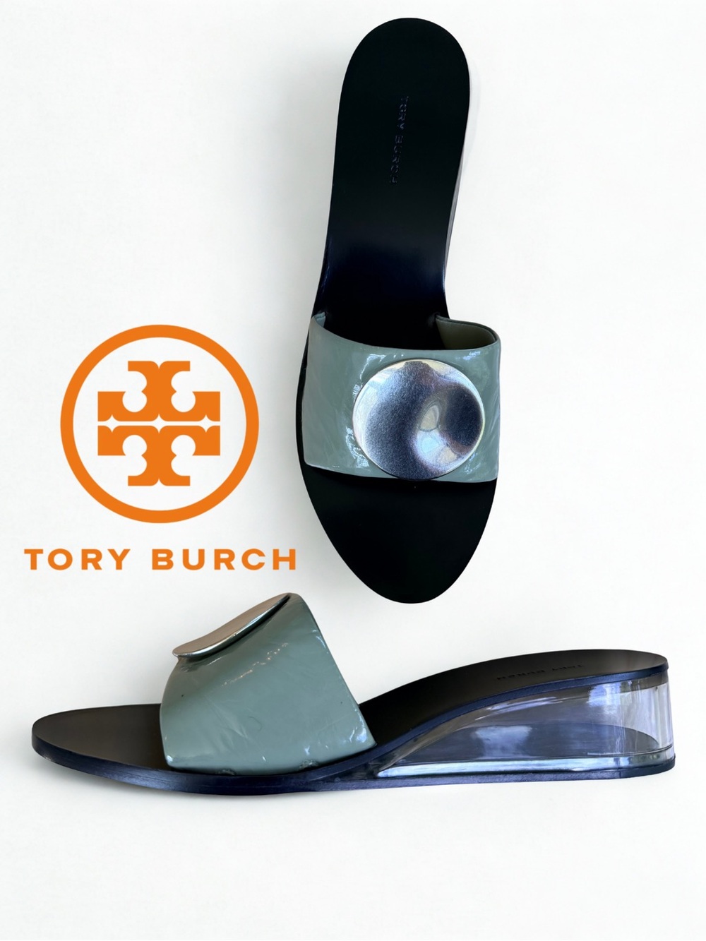 NIB Tory Burch Patos Wedge Sandal Light Jade Silver Patent Leather Sz 11